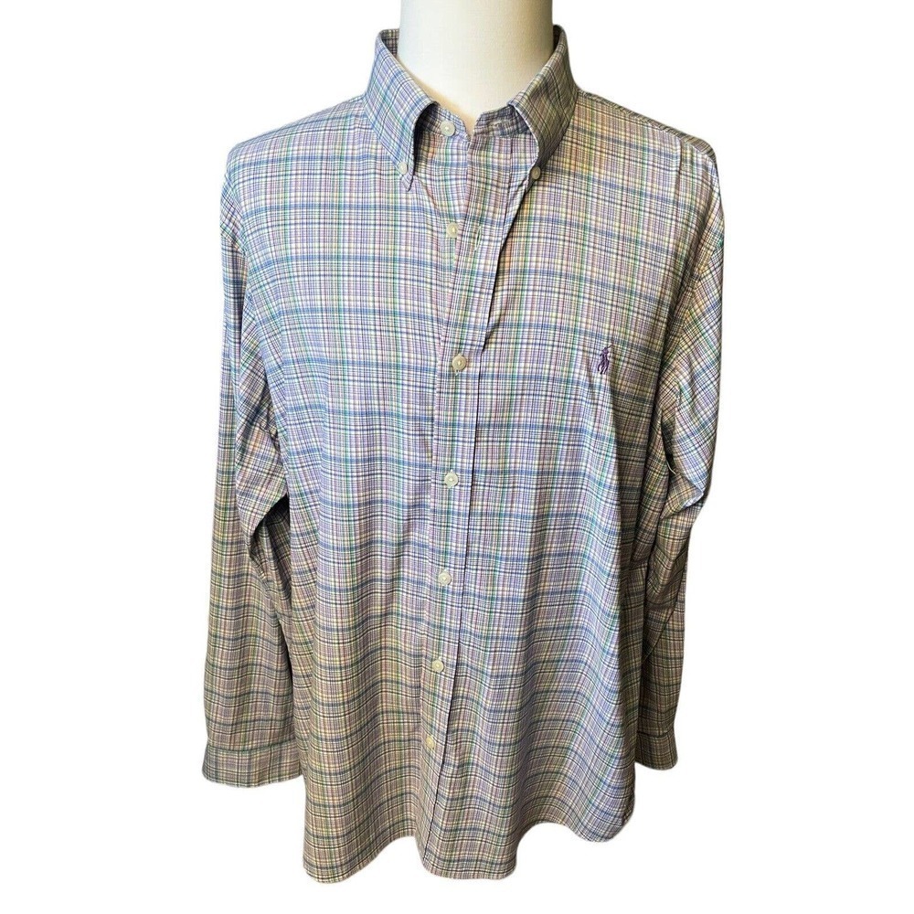 Ralph Lauren Performance Shirt Mens 2XL Lavender Plaid Nylon Stretch Button Down